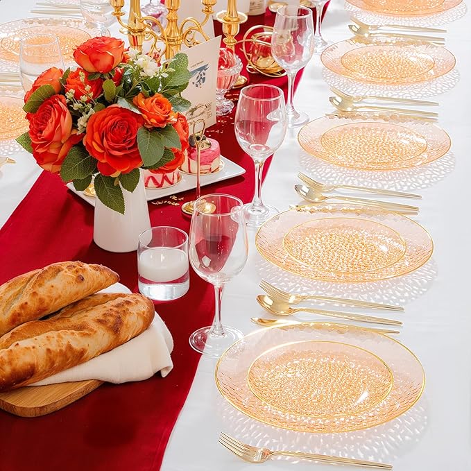 Rubtlamp 100Pcs Orange Plastic Plates, Orange Disposable Plates With Gold Rim, Hammered Plastic Plates Include 50 Dessert Platos, 50 Dinner Platos for Party