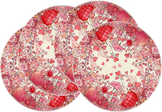 XCHI Wild Flowers Love Hearts Valentine?셲 Day Round Placemats Set of 4 Table Mats for Party Home Kitchen Dining Table Decorations 14x14 Inch