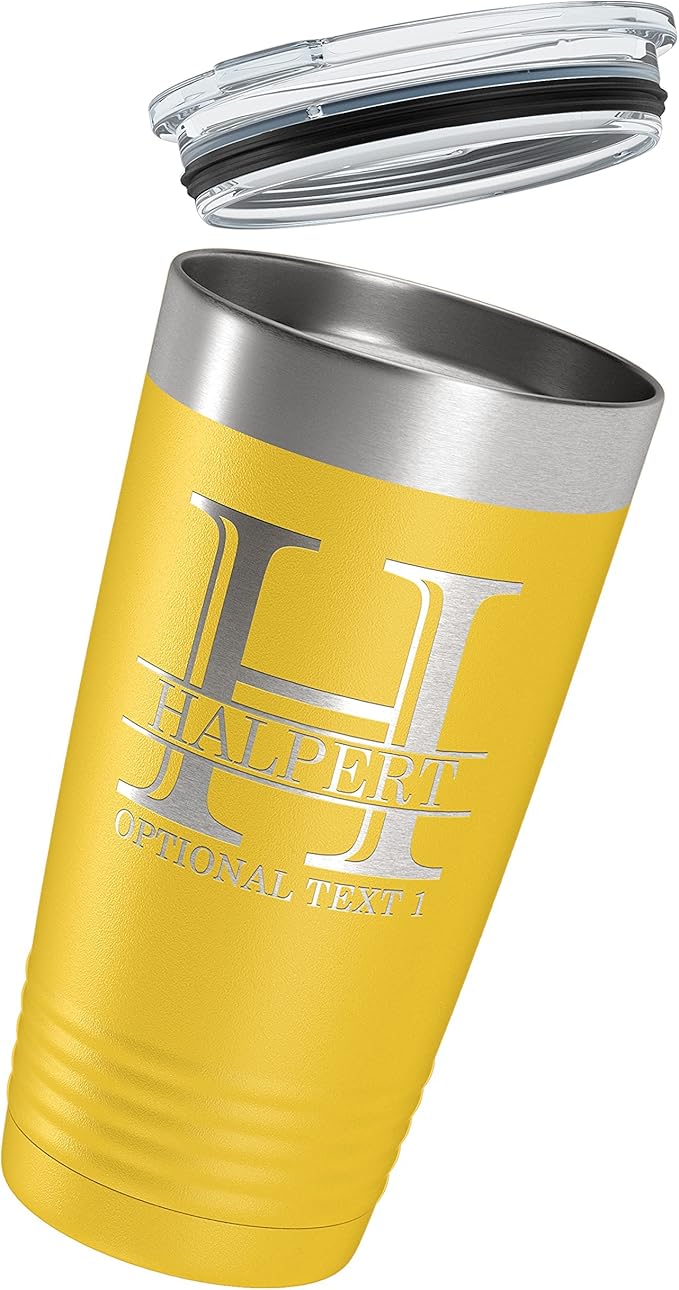 Personalized 20oz (17 Colors) Powder Coated Insulated Stainless Steel Tumbler with Lid, Custom Etched, Customized Engraved Gift Idea for Women Men Her Him, Halpert Monogram Initial Name (Yellow)