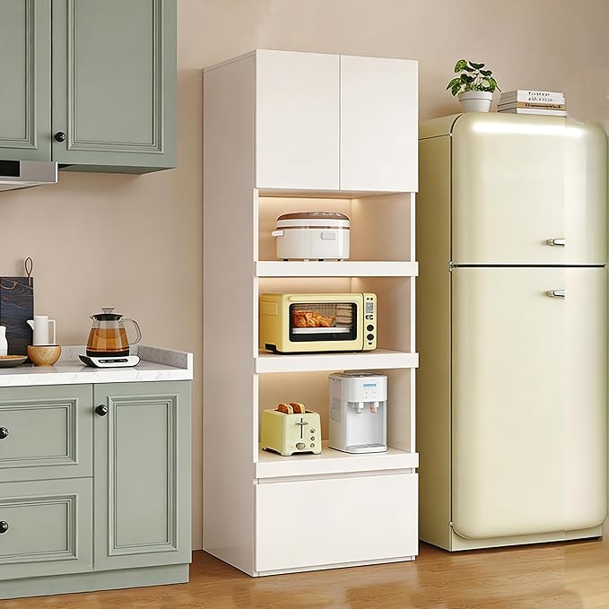 LINLIUA 71'' Tall Kitchen Pantry Cabinet, Wood Pantry Storage Cabinet with Doors, 3 Pull-Out Shelves and Drawer, Modern Slim Kitchen Hutch for Dining Room Small Space