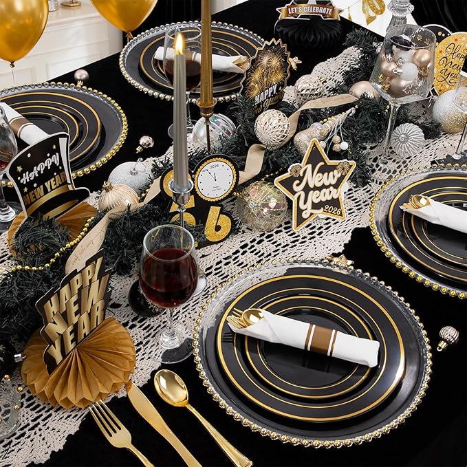 175PCS Black and Gold Plates - Black Disposable Plates for Party - 25Guests Disposable Dinnerware Set for New Year/Wedding