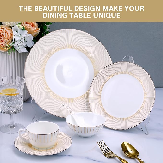 24 Piece White Porcelain Dinnerware Set for 4, Sunburst Design Plates and Bowls Sets with Gold Rim,Highly Chip and Crack Resistant | Dishwasher Safe Dishes Set