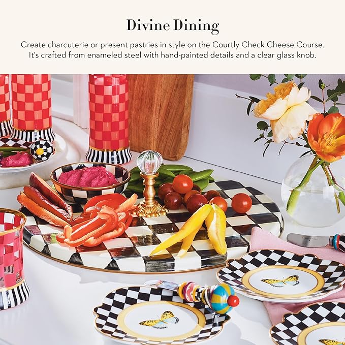 MACKENZIE-CHILDS Cheese Course, Cute Cheese Board and Serving Board for Charcuterie, Black-and-White Courtly Check