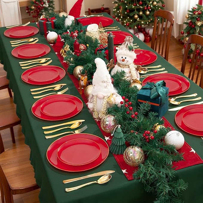 WDF 300Pcs Red Disposable Plates - Red Plastic Plates - 50guest Disposable Dinnerware Include 50 Dinner Plate, 50 Dessert Plate, 150 Cutlery & 50 9oz Cups for Valentine's Day & Parties