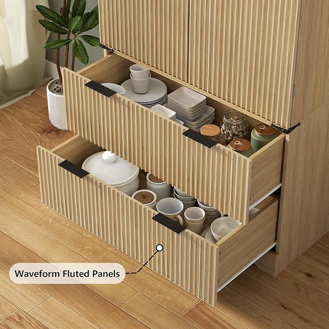 Loomie 71" Tall Kitchen Pantry Cabinet, Modern Fluted Storage Cabinet w/2 Drawers, 5 Adjustable Shelves & 7 Door Shelves, Wine Bar Cabinet w/Wine Rack & Glass Holder, Cupboard for Kitchen (Natural)