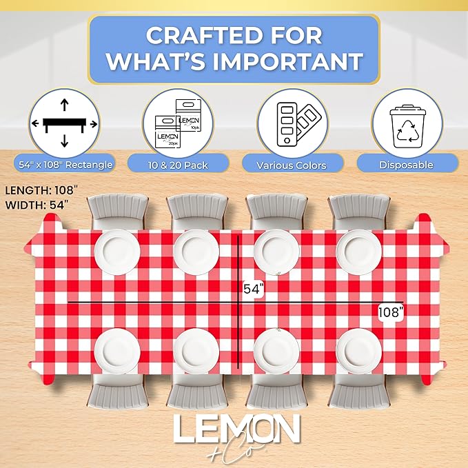 LEMON + Co. Red Gingham Rectangle Table Cover Disposable Plastic Tablecloth 54 Inch. x 108 Inch. Premium Decorative Rectangle Table Cover 20 Pack
