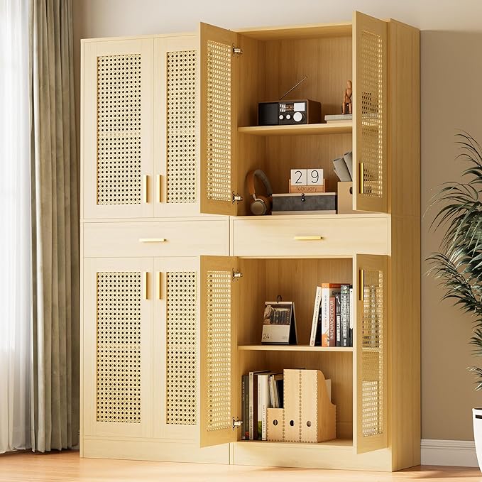 Cozy Castle Kitchen Pantry Cabinet, 71" Tall Rattan Doors Storage Cabinet with Large Drawer and Adjustable Shelves, Freestanding Rattan Pantry Cabinets for Kitchen, Dining Room, Living Room, Oak