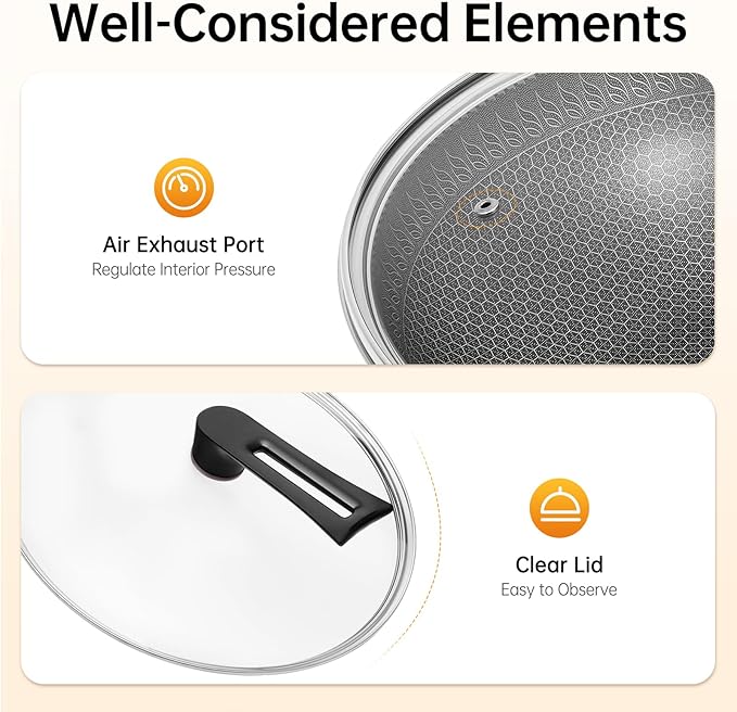 SUS 316 Stainless Steel Wok, Nonstick Frying Pan & Skillet with Lid, Induction Compatible Cookware, Honeycomb Wok Pan for Stir-Frying Saut챕ing Home Kitchen Camping Cooking (34cm)