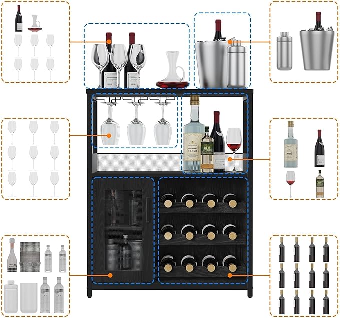 Vintage Industrial Wine Bar Cabinet with Adjustable Wine Racks and Glass Holders, Mesh Door Sideboard Storage Cabinet for Living Room, Kitchen, Dining Room, Compact Design, Easy Assembly,Black