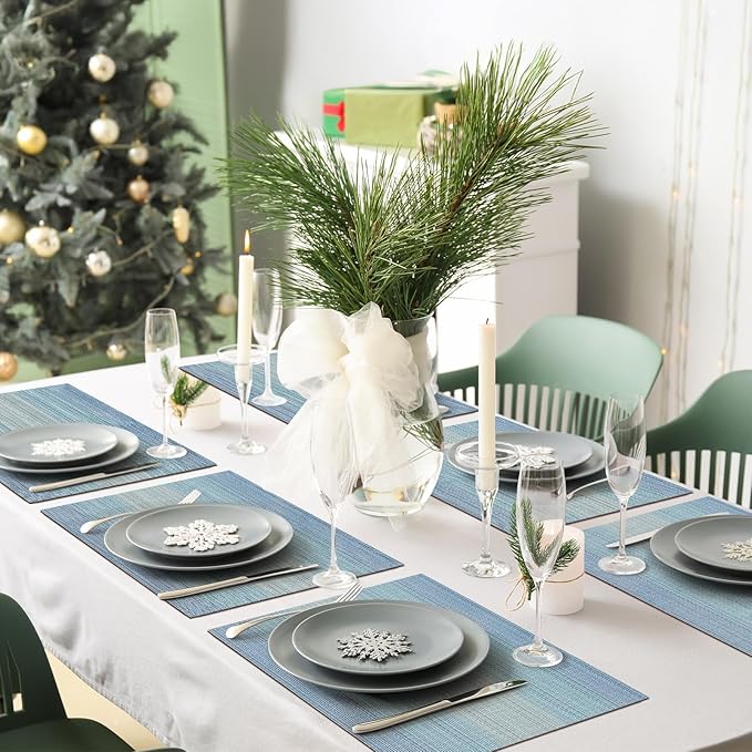Privalace 18 x 12 inch, Set of 4 PVC Placemat, Non Slip Washable Dining Table Mats for Home Dinner Gatherings Daily Meals Kitchen Table Protection with Stylish Design, Blue