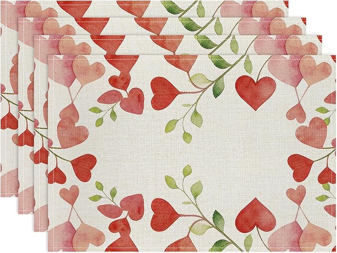 Valentine Placemats Set of 4, 12x18 Inch Floral Love Hearts Table Mats, Seasonal Anniversary Holiday Valentines Day Table Decorations for Kitchen Dining Home Party Decor