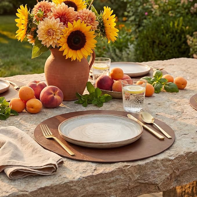 Artoid Mode Brown Faux Leather Placemats Set of 4, 15 Inch Waterproof Wipeable Heat Resistant Place Mats, Reversible Table Mats for Kitchen Dining Decor