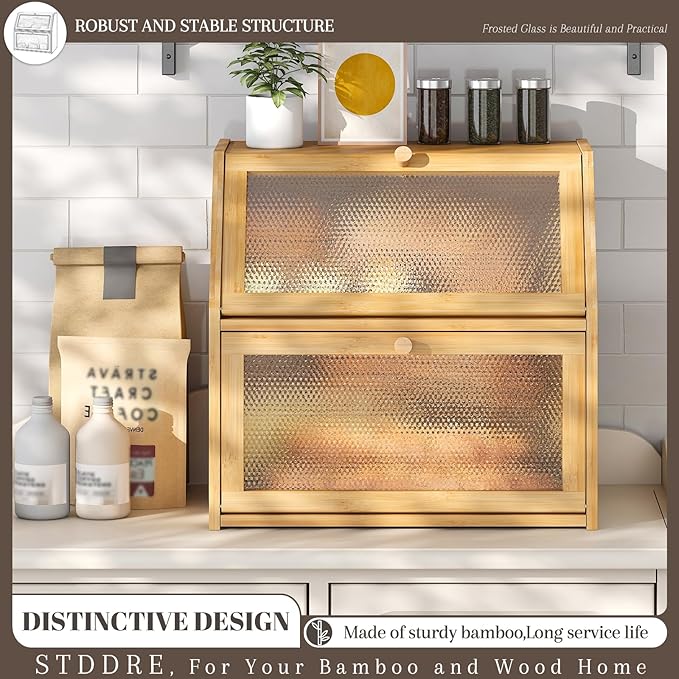 Bread Box for Kitchen Countertop Bin Double Layer Bread Box Storage Container Extra Large Capacity with Diamond Pattern Windows (Natural, Extra Large)