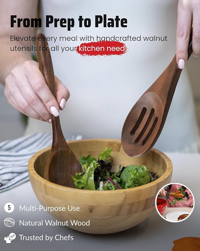 Elegant 5-Piece Walnut Wood Kitchen Utensil Set ??Non-Scratch, Heat-Resistant Cooking Utensil Set with Kitchen Tongs, Spoons, Spatula & Ladle ??Lightweight, Durable & Perfect for Daily Use or Gifting