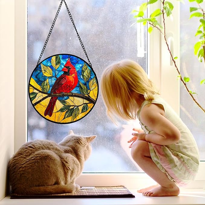 Stained Glass Window Hanging, Blue Sky Cardinal Sun Catchers Colorful Glass Panel Red Birds Suncatcher Decor for Birthday for Women, Men, Wife, Aunt, and Mom 11.8x11.8 in