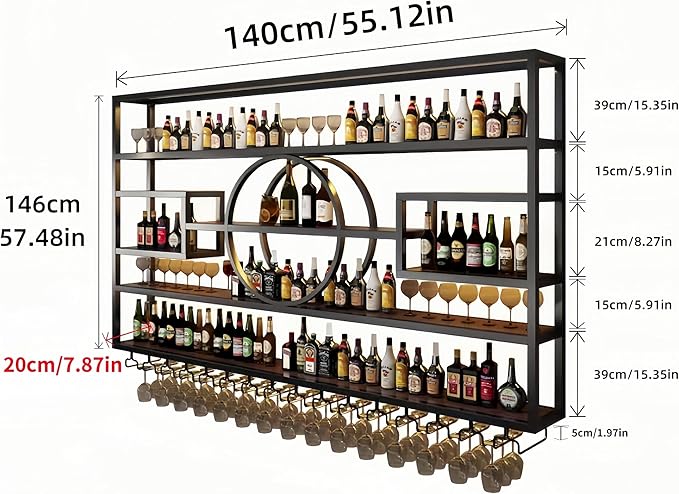55" Metal Wine Rack Wall Mounted, Multi Functional Bar Shelves for Liquor Bottles with Glass Holder, Modern Wood Bar Shelves Wall Mounted for Home Bar & Dining Room, Black(57" Height)