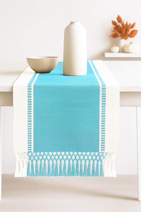 PurpleEssences Table Runner - Wide with Dobby Stripe, Heavy Ribbed Weave & Double Knot Fringes, 14x72 Inch (14x77.5 with Fringes) Farmhouse Decor - Christmas Holiday Winter - Aqua Blue and H.White