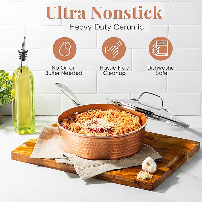 GOTHAM STEEL 4 Qt Saute Pan with Lid, Large Nonstick Skillet for Cooking, 12??Hammered Deep Frying Pan, Family Sized Pans, Ceramic Coating for Sauce, Induction Ready Oven & Dishwasher Safe, Non Toxic