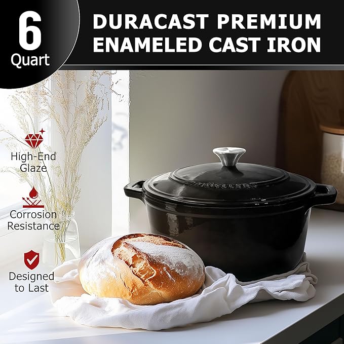 MUELLER HOME 6 Quart Enameled Cast Iron Pot Dutch Oven, Heavy-Duty Oven-Safe up to 500째 F, & Across All Cooktops, Casserole Dishes for Ovens, Bread Pan with Lid and Knob, Cast Iron Cookware, Black