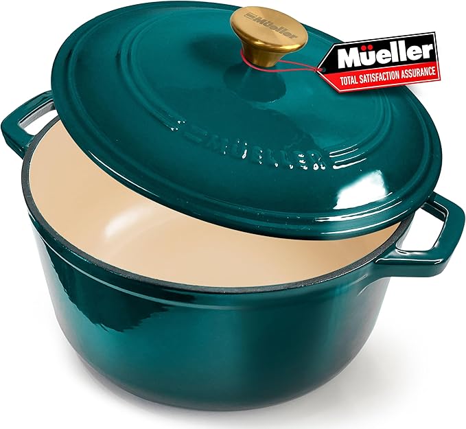 Mueller DuraCast 6 Quart Enameled Cast Iron Dutch Oven Pot with Lid, Heavy-Duty, Oven Safe up to 500째 F & Across All Cooktops, Wedding Registry Ideas & Gifts, Emerald