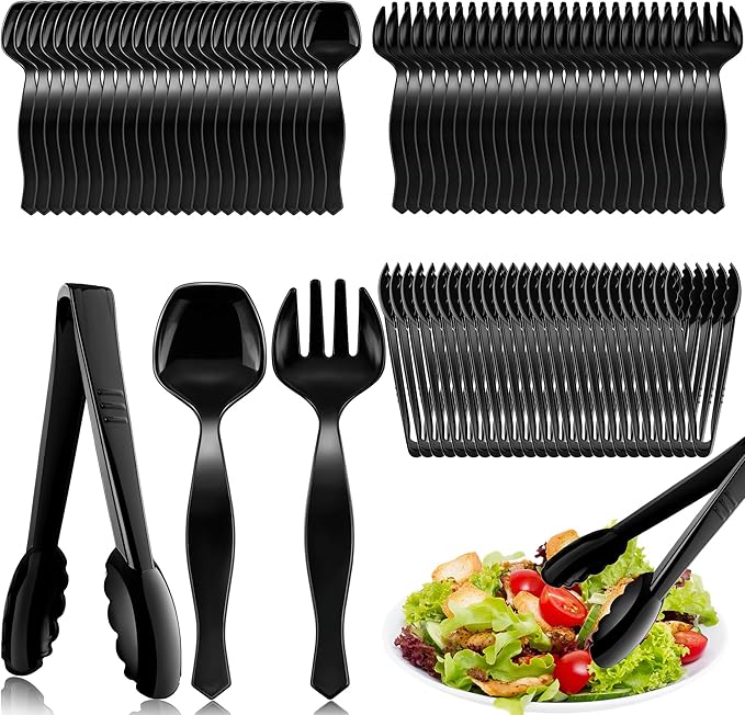Mwellewm 72Pcs Plastic Serving Utensils Set 9'' Large Disposable Serving Spoons Forks and Tongs for Serving Food Heavy Duty Black Party Utensil Supplies for Buffet Restaurant Picnic Dinner Salad Soup
