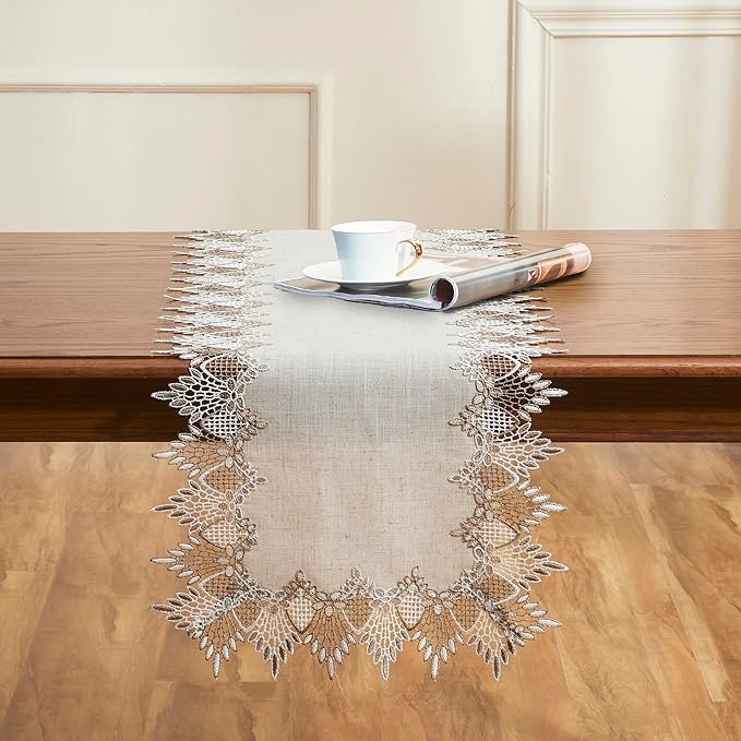 Raedan Natural Linen Table Runner 48 inches Neutral Earth Tones Beige Lace Coffee Table Runners Dresser Scarf for Spring Easter Summer Kitchen Wedding Party, Machine Washable (Natural, 16?쓝48??