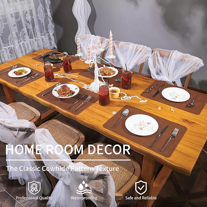 EDanle Cowhide Pattern Faux Leather Placemats Set of 6,Heat Resistant Non-Slip Waterproof Wipeable Washable Kitchen Dining PU Table Place Mats,Double-Sides Available,Dark Coffee