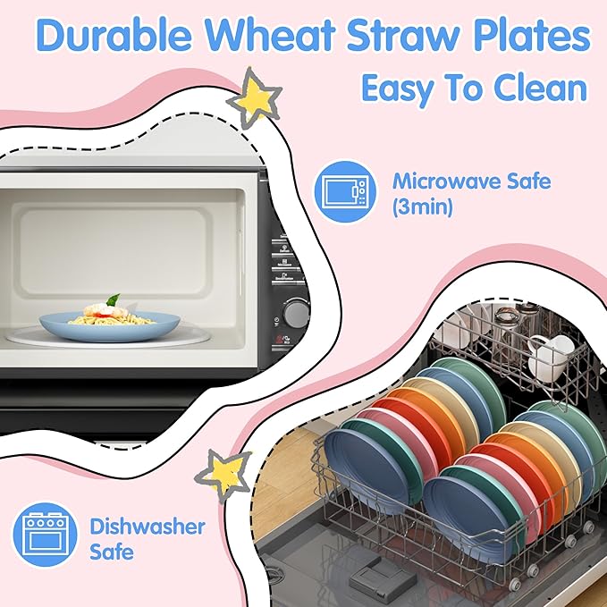 Quatish 10 PCS Unbreakable Reusable Plastic Plates,9 inch Dishwasher & Microwave Safe Dinner Plate, Easy-to-Clean Lightweight,Portable for Kitchen & Picnics Wheat Straw Plates（ Multi-Color）