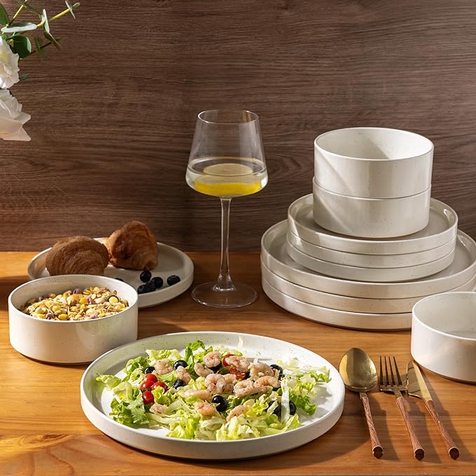 AmorArc Ceramic Dinnerware Set for 4 | Speckled Stoneware Plates and Bowls with unglazed terracotta | Scratch Resistant, Dishwasher & Microwave Safe Modern Dishes Sets- 12-Pcs Beige