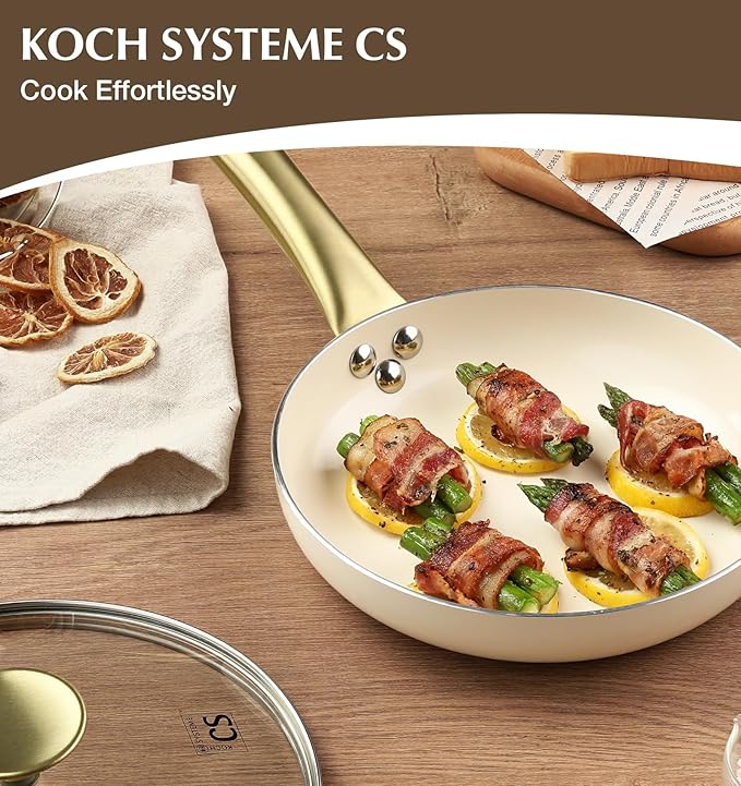 KOCH SYSTEME CS Nonstick Frying Pan with Lid, 8 Inch Non-Stick Skillet with Gold Stay-Cool Stainless Steel Handle, Omelet Pan with Nonstick Ceramic Coating, PFOA Free, Oven Safe, Cream White