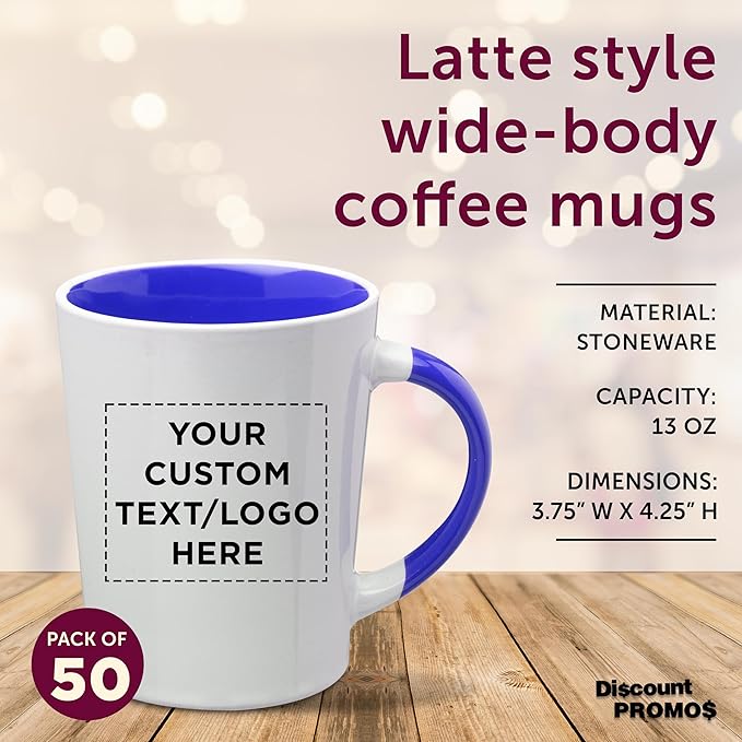Custom Ceramic Latte Coffee Mugs by Albany 13 oz. Set of 50, Personalized Bulk Pack - Perfect for Coffee, Tea, Espresso, Hot Cocoa, Other Beverages - Cobalt Blue