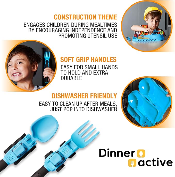 Dinneractive Utensil Set for Kids ??Construction Themed Toddler Forks and Spoons, Toddler Utensils ??2-Piece Set ??Blue Construction Utensils for Toddlers - Loader & Tractor Toddler Spoons and Forks