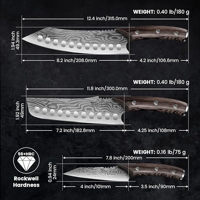 Kitchen Knife Set, 3PCS Japanese Style Chef Knives Set, Ultra Sharp Kiritsuke, Nakiri, Paring for Precision Cutting, Damascus Pattern Ergonomic Full Tang Wooden Handle, Christmas Cooking Gifts