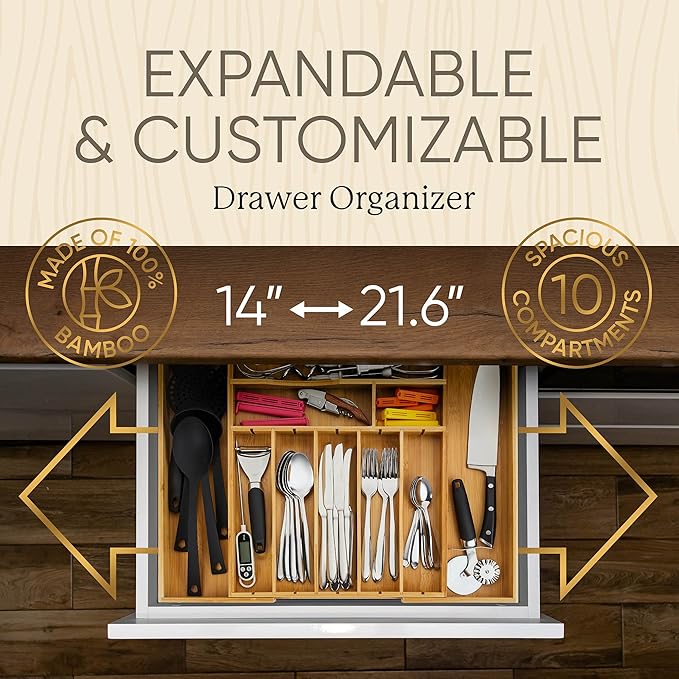 Night Tree 2.5??Extra Deep Silverware Drawer Organizer with Adjustable Dividers ??Expandable Bamboo Flatware Tray for Kitchen, Reinforced Wood Cutlery Holder (14"-21.6" Wide)