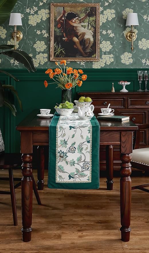 patdrea Designer Elegant French Floral Extra Long Velvet Table Runner, Teal Blossoms Pattern Table Mat, Decoration for Kitchen Dining Coffee Table Shelf Cabinet Banquet Thanksgiving,12"*118"