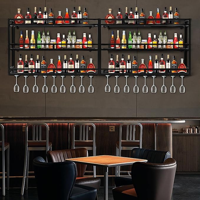 59 Inch Metal Wine Rack Wall Mounted, Bar Shelves for Liquor Bottles with LED Light, 3 Tier Large Capacity Liquor Rack Wall Mounted with Glass Holder for Home Bar & Dining Room, Black