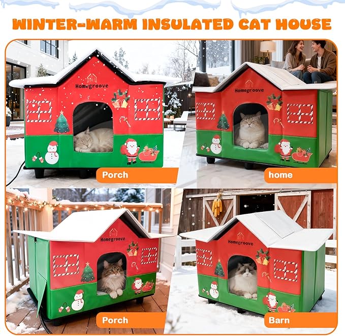Homegroove Heated Cat House for Outside, 24x15.7x17 inches Extra Large Weatherproof & Insulated Heated Outdoor Cat House with Heating Pad, Christmas for Stray & Feral Cats