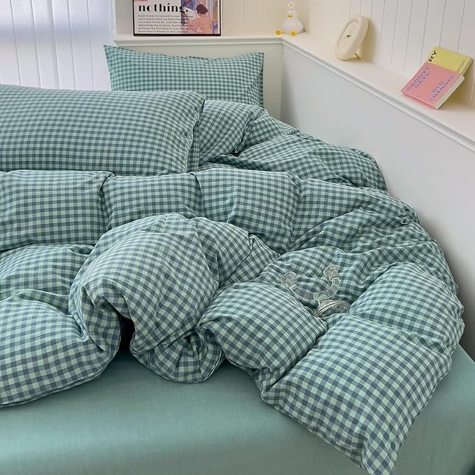 LifeTB Green Gingham Comforter Set King 3 Pieces Plaid Checkered Pattern Comforter Green Blue Grid Bed Comforter Set with 2 Pillowcases Fluffy Soft Checkered Comforter Grid Farmhouse Bedding Set