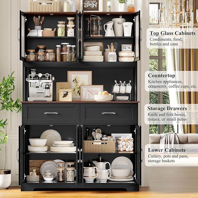 71" Tall Kitchen Pantry Cabinet, Kitchen Hutch with Microwave Stand, Glass Doors, Food Pantry Cabinet with Doors and Shelves for Dining Room, Black