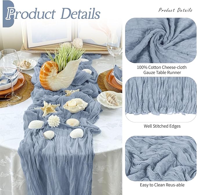 RealBox 3 Pack Dusty Blue Cheesecloth Table Runner 17x108 Inch Semi Sheer Boho Gauze Cheese Cloth Fabric Table Runners Table Decor for Wedding Party Baby Shower Birthday Home Decor Garden Farmhouse