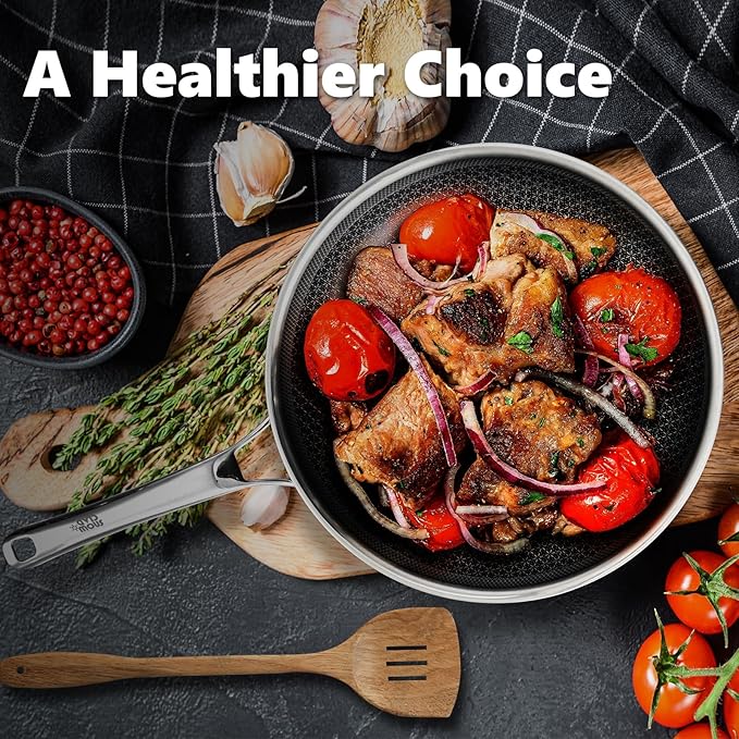Non Stick Frying Pans Set with 2 Lid, Hybrid Skillet Set Nonstick (8+10+12inch), Pans for cooking, PFOA Free Stainless Steel Kitchen set, Dishwasher and Oven-Safe Cookware Sets