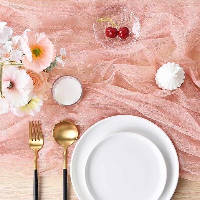 Joanlody Coral Pink Cheesecloth Table Runner Fall Thanksgiving 10Ft Rustic Gauze Boho Cheese Cloth Table Runner for Wedding Bridal Baby Shower Decoration