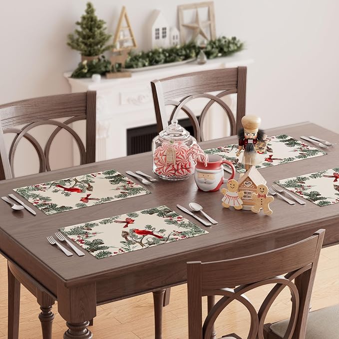 XCHI Cardinal Birds Winter Pine Tree Christmas Xmas Placemats Set of 8 Table Mats for Party Home Kitchen Dining Table Decorations 12x18 Inch