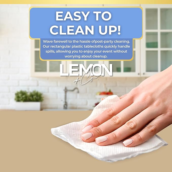 LEMON + Co. Beige Rectangle Table Cover Disposable Plastic Tablecloth 54 Inch. x 108 Inch. Premium Decorative Rectangle Table Cover 20 Pack