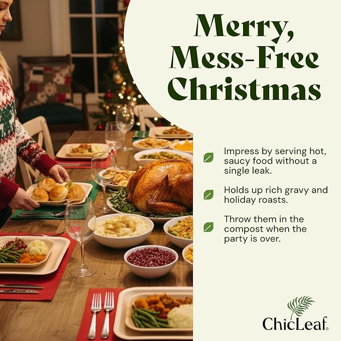Chic Leaf Palm Leaf Plates Disposable Inch Square Pack Compostable Biodegradable & Eco Friendly Plates, Christmas Dinner Meal, Holiday Turkey - Microwave Safe Disposable (10'' - 25 Pack)