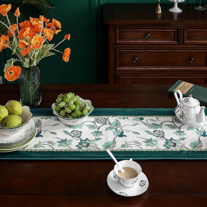 patdrea Designer Elegant French Floral Extra Long Velvet Table Runner, Teal Blossoms Pattern Table Mat, Decoration for Kitchen Dining Coffee Table Shelf Cabinet Banquet Thanksgiving,12"*118"