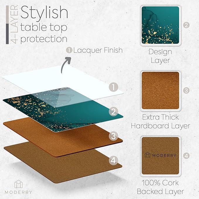 Moderry Set of 4 Heat Resistant Cork Placemats for Dining Table with Free Set of 4 Matching Drink Coasters Deep Green and Gold Design 16 x 12 Inches Cork Backed Hard Placemats (Green Serenity)