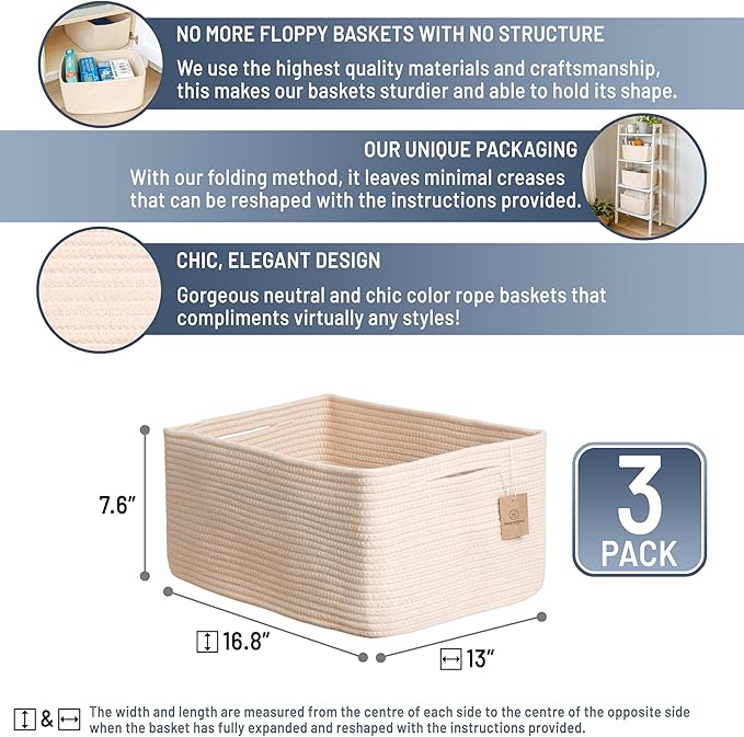 NaturalCozy Storage Baskets 16.8?쓝13?쓝7.6??Cotton Rope Woven Baskets for Organizing 3-Pack | Toy Storage Bins | Basket for Shelves, Laundry, Blanket, Clothes, Closet, Kitchen, Bathroom, Gifts