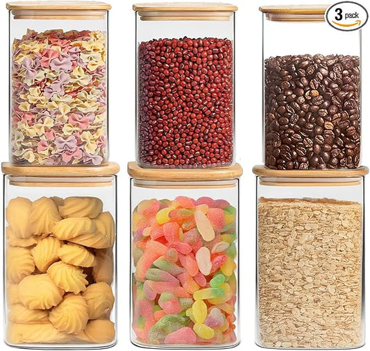 6 Pack Glass Food Storage Jars with Airtight Lids, Clear Glass Jar with Bamboo Lid, Airtight Food Canister for Tea, Candy, Coffee, Sugar, Cookie, Snack. (Square| 5+6 Inch) SET of 3