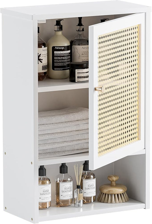 HITNET Bathroom Cabinet Wall Mounted, Rattan Medicine Cabinet, Bamboo Hanging Storage Organizer Over The Toilet with Adjustable Shelf for Living Room, Kitchen, Hallway (White)